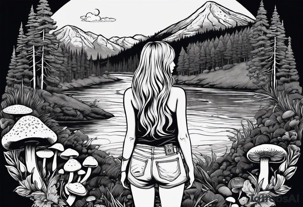 Whole picture encircled fully

Straight long blonde hair hippie girl in distance holding mushrooms in hand facing away toward mountains and creek surrounded by mushrooms tee shirt and hiking pants; whole rendering within a full circle, no cut off circle tattoo idea