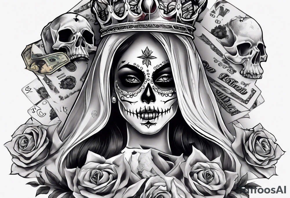 santa la muerta with money and crown
on card tattoo idea