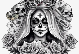 santa la muerta with money and crown
on card tattoo idea
