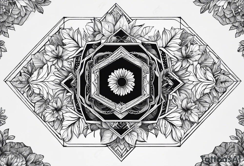 black hexagon filled with nature tattoo idea