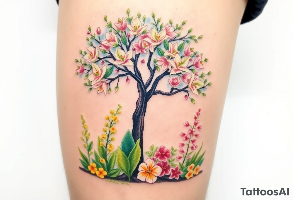 Lilly of the vally plants underneath a blooming hawthorn tree with other colorful lilly plants on ground tattoo idea