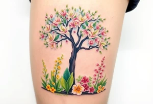Lilly of the vally plants underneath a blooming hawthorn tree with other colorful lilly plants on ground tattoo idea