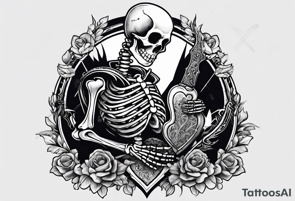 depressed skeleton holding his heart in his hand with a knife through the heart tattoo idea