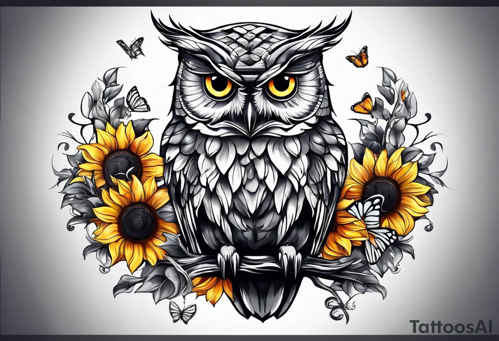 Small owl.with sunflowers and butterflies tattoo idea