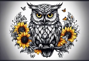 Small owl.with sunflowers and butterflies tattoo idea