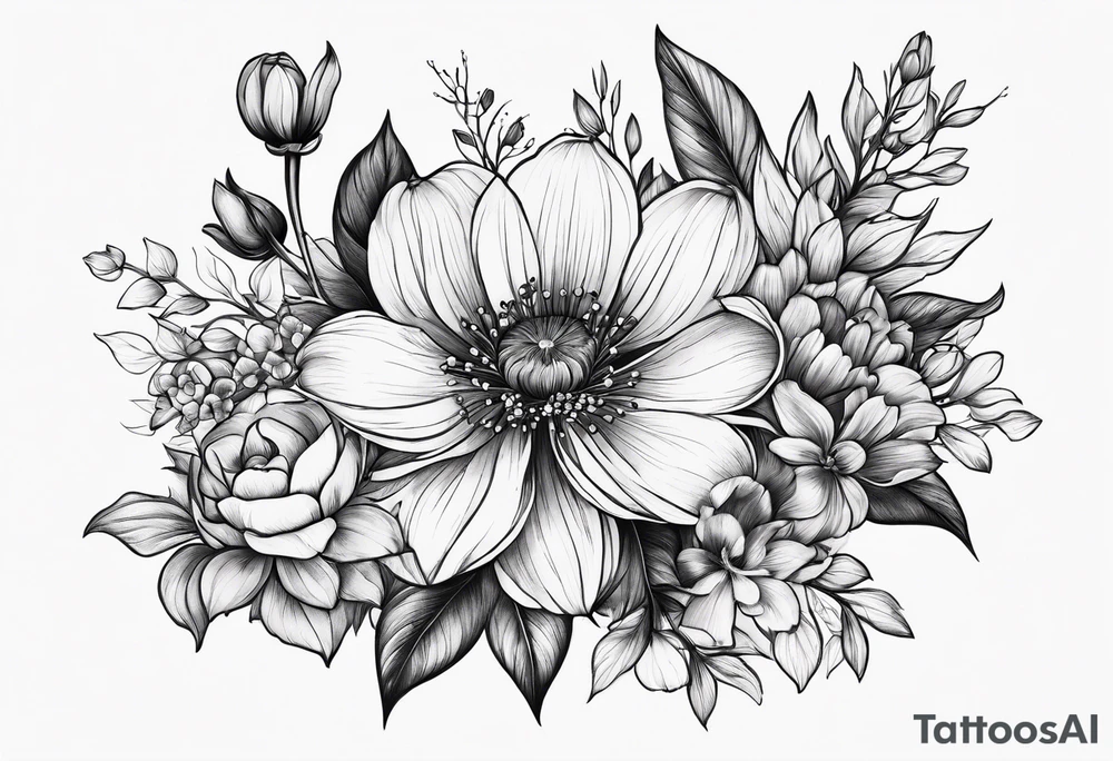 Bouquet of birth flowers february tattoo idea