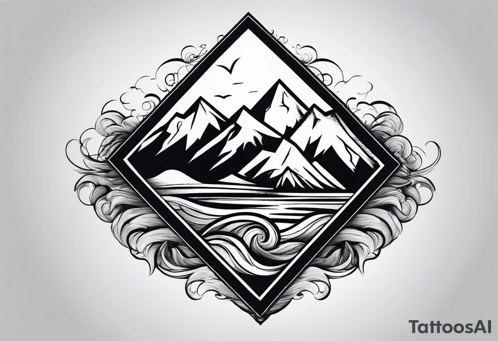 Mountains and ocean waves crashing diamond shape tattoo idea