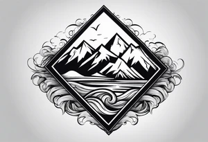 Mountains and ocean waves crashing diamond shape tattoo idea