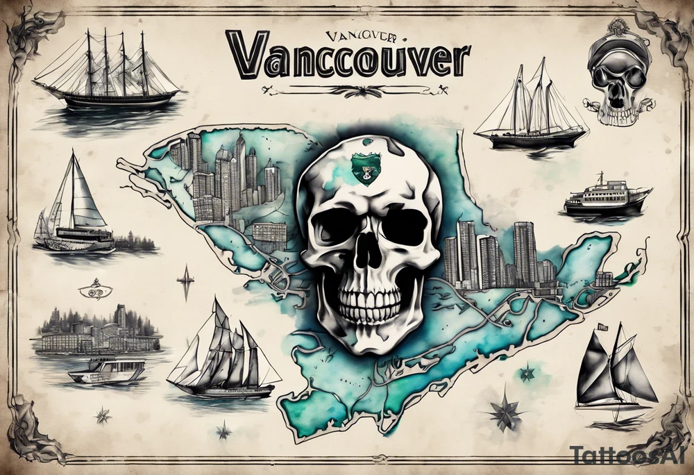 A overview old school map of vancouver B.C with water drop staining and a skull tattoo idea
