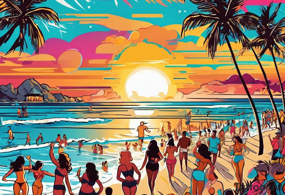 1960'S BEACH DANCE PARTY 
party, include confetti, music notes, 
, bikinis sunset in the center tattoo idea