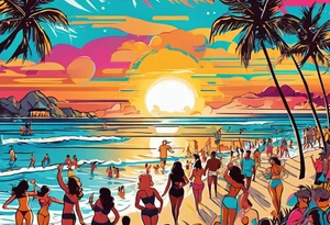 1960'S BEACH DANCE PARTY 
party, include confetti, music notes, 
, bikinis sunset in the center tattoo idea