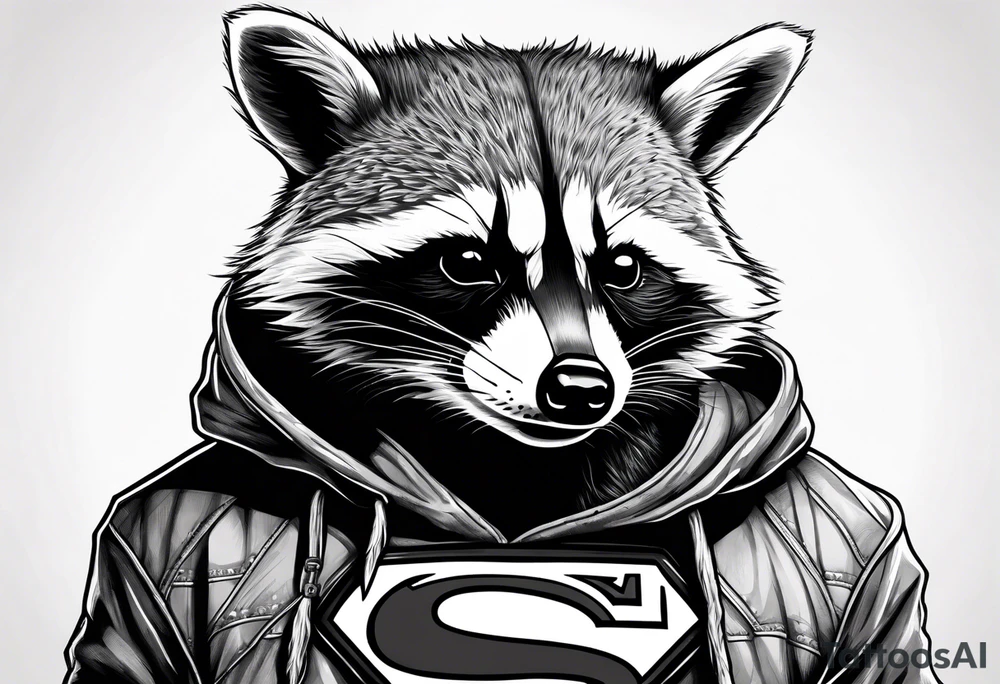 raccoon wearing a Superman hoodie tattoo idea
