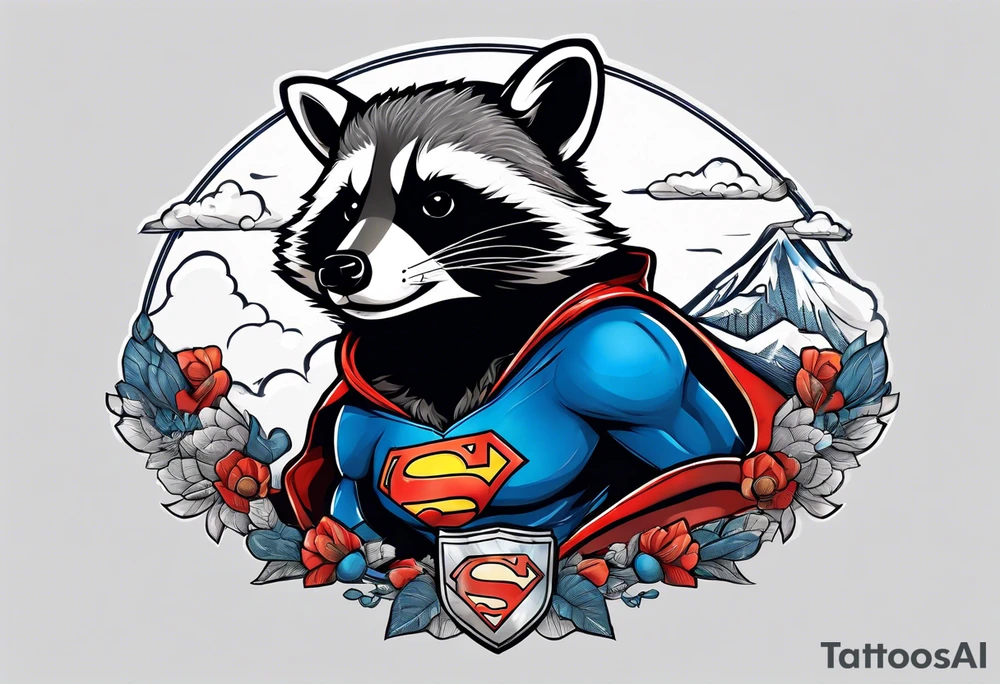 raccoon wearing a Superman hoodie tattoo idea
