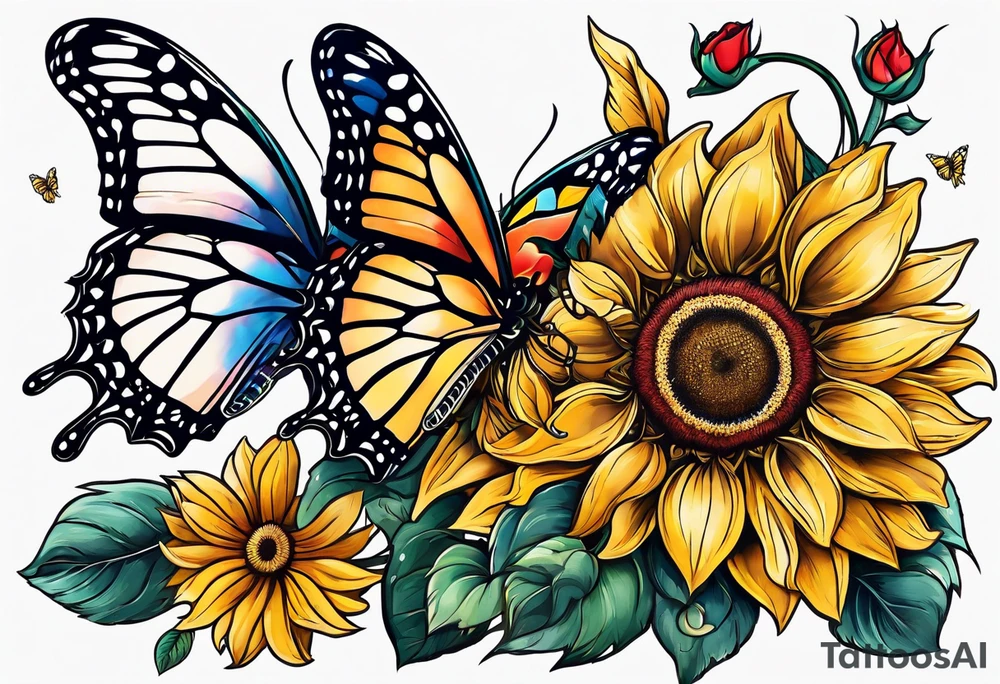 animal butterfly , flower rose, sunflower, tattoo idea