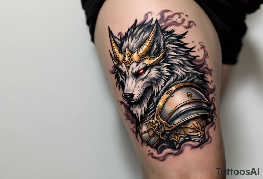 Radegast – Picture of a full body warrior god with a wolf head, wearing a golden horned helmet, his armor shimmering in silver-gray, with blood-red eyes and smoke behind. tattoo idea