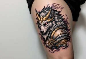 Radegast – Picture of a full body warrior god with a wolf head, wearing a golden horned helmet, his armor shimmering in silver-gray, with blood-red eyes and smoke behind. tattoo idea