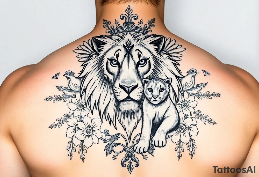 powerful majestic lion and cub with a crown, surrounded by floral ornaments and birds tattoo idea