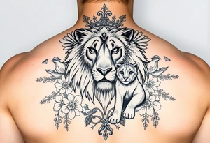 powerful majestic lion and cub with a crown, surrounded by floral ornaments and birds tattoo idea