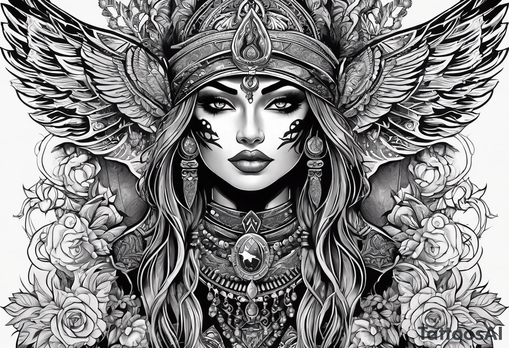 black kali, goddess pirate, alien, pachamama, valkrye, warrior, skull, lotus azul, wing, eagle, zenza resonance, stars, 5D tattoo idea