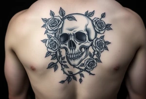 gothic skull intertwined with climbing roses and thorny vines tattoo idea