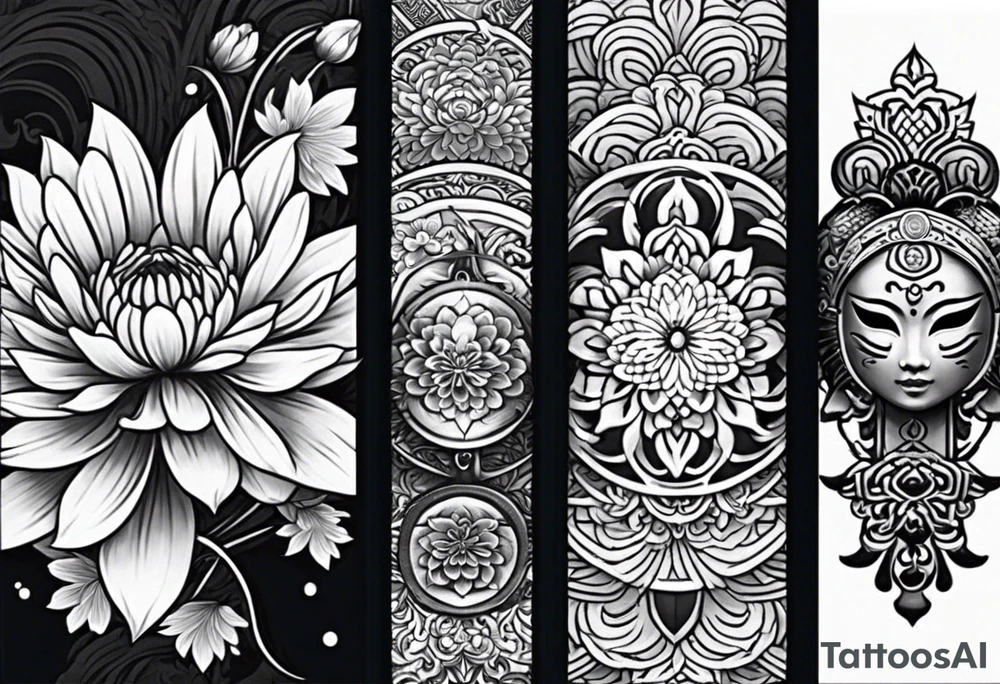 I want to combine japanese and ornamental styles. I want to have a full sleeve tattoo. i want a japanese mask in the top, japanese Chrysanthemum Flower in the bottom and fill the rest with ornamental tattoo tattoo idea