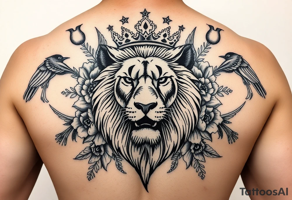 powerful majestic lion with a crown, surrounded by floral ornaments and birds tattoo idea