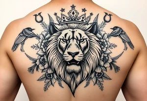 powerful majestic lion with a crown, surrounded by floral ornaments and birds tattoo idea