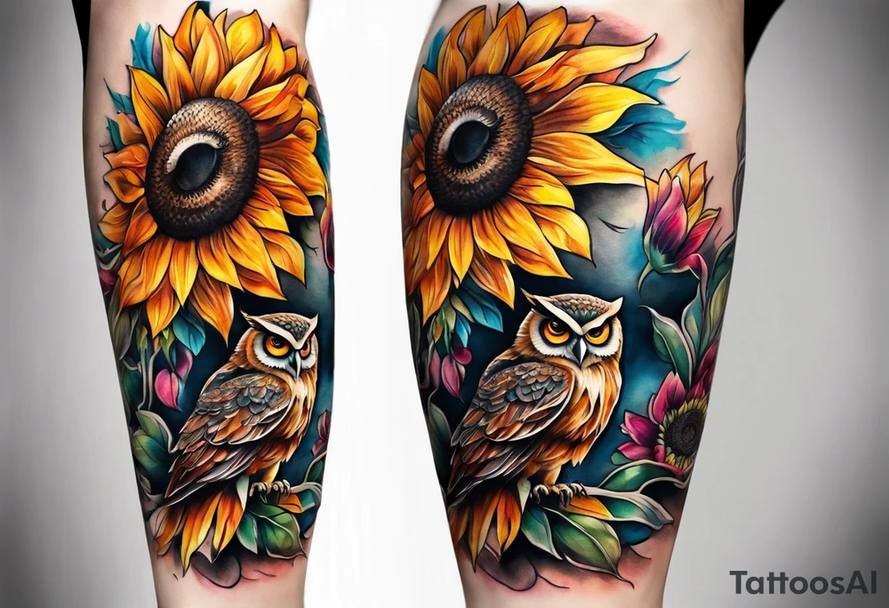 Leg sleeve with colorful sunflowers and an owl tattoo idea