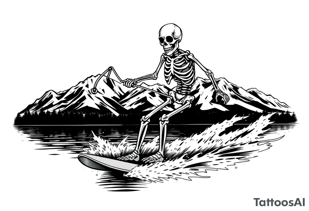 skeleton wakeboarding on lake, holding onto waterspouts rope handle with one hand, mountains in the background tattoo idea