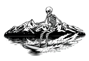 skeleton wakeboarding on lake, holding onto waterspouts rope handle with one hand, mountains in the background tattoo idea