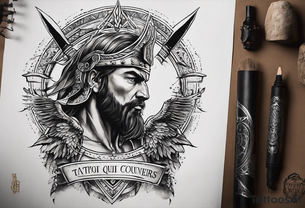 The tattoo is spiritually driven, using the Latin quote "Vincit qui see Vincit," which translates to "He who conquers himself conquers the world." Create this tattoo using the ideas of the warrior spirit, discipline, and growth in all aspects of life. The tattoo will be on the forearm tattoo idea