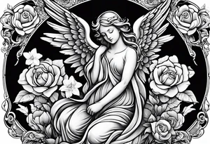 Simple Angel statue stood on a rock with daffodils and roses wrapped around its legs tattoo idea