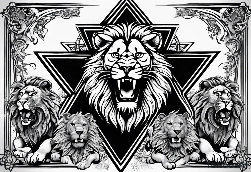 One roaring lion, next to it a roaring lioness, below them 3 roaring lion cubs and around a Star of David tattoo idea