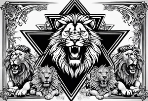 One roaring lion, next to it a roaring lioness, below them 3 roaring lion cubs and around a Star of David tattoo idea