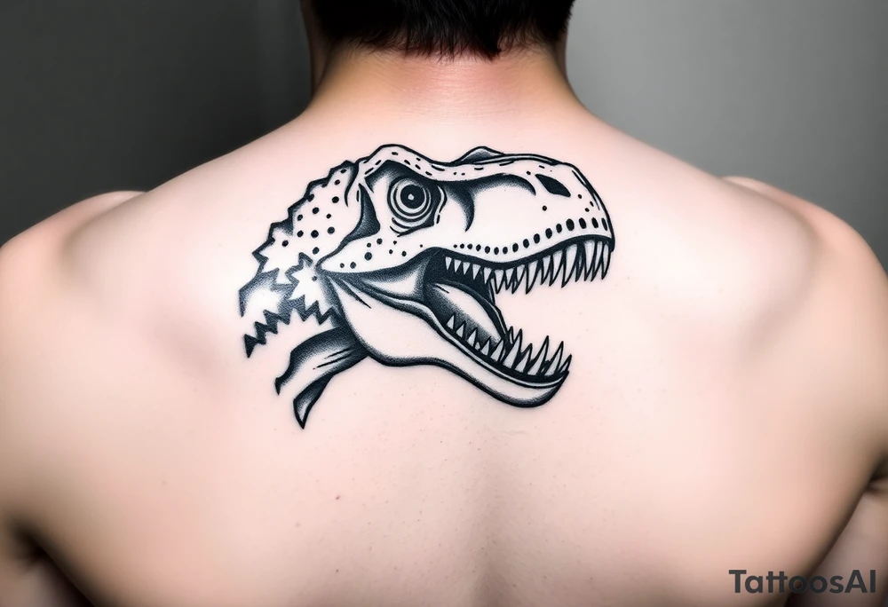 Dilophosaurus staring at me with its fills expanded showing teeth tattoo idea