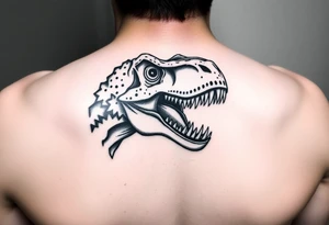 Dilophosaurus staring at me with its fills expanded showing teeth tattoo idea