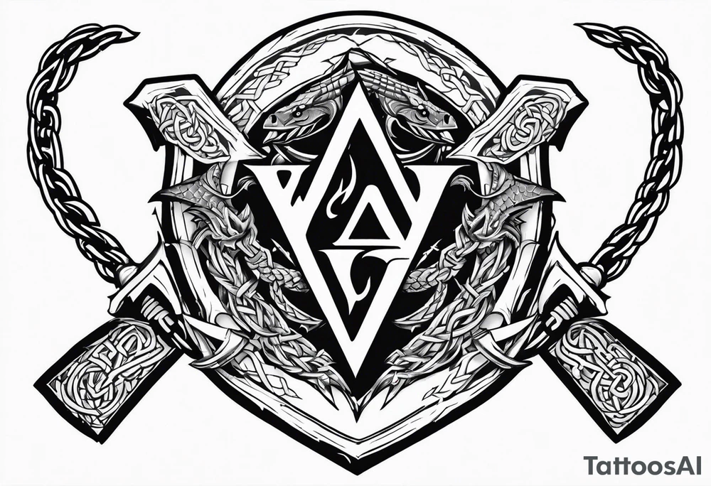 Valhalla sword shield dragon axe Valknut barbed wire chains tattoo idea Valhalla sword shield dragon axe Valknut barbed wire chains tattoo idea