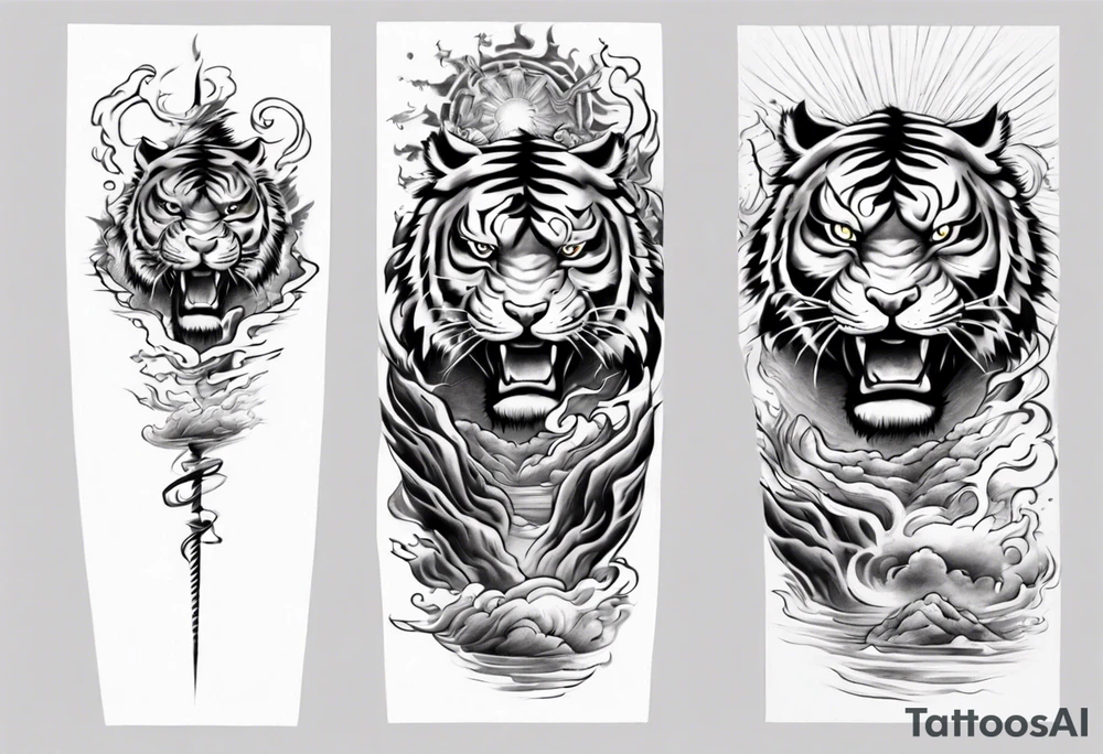 Tiger Warrior sleeve tattoo with lightning and the sun
Forearm sleeve tattoo idea