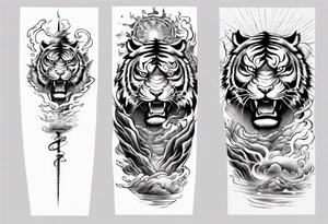 Tiger Warrior sleeve tattoo with lightning and the sun
Forearm sleeve tattoo idea