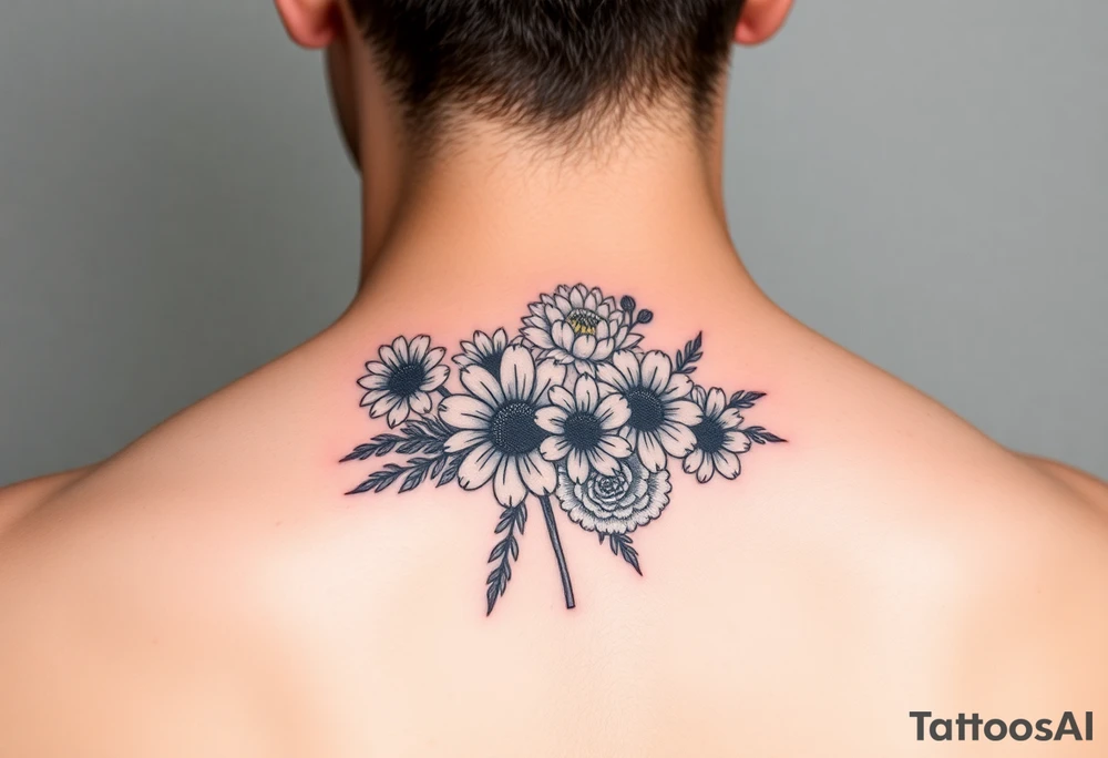 Small flower bouquet with order of flowers, daisy, cosmo, poppy, chrysanthemum, cosmo tattoo idea