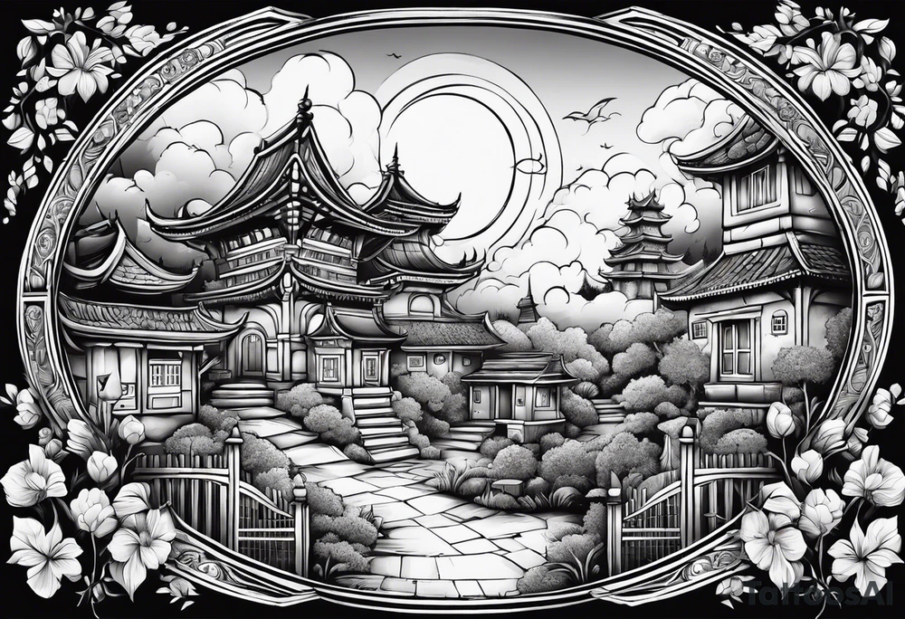 night ancient town far away  garden many small houses gate entrance 
 in circle vignette surrounded by clouds floral tattoo idea