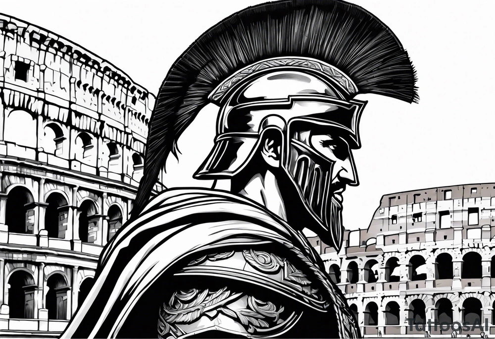 Side profile of spartan soilder looking at distant Roman colosseum tattoo idea