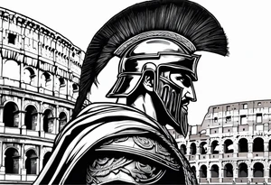 Side profile of spartan soilder looking at distant Roman colosseum tattoo idea