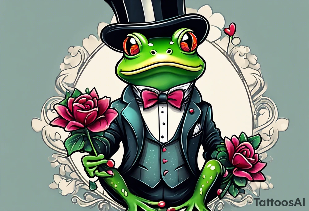 Cute Frog standing on back legs  in a top hat and a formal suit holding flowers to go on a date tattoo idea