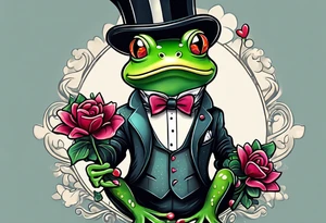 Cute Frog standing on back legs  in a top hat and a formal suit holding flowers to go on a date tattoo idea