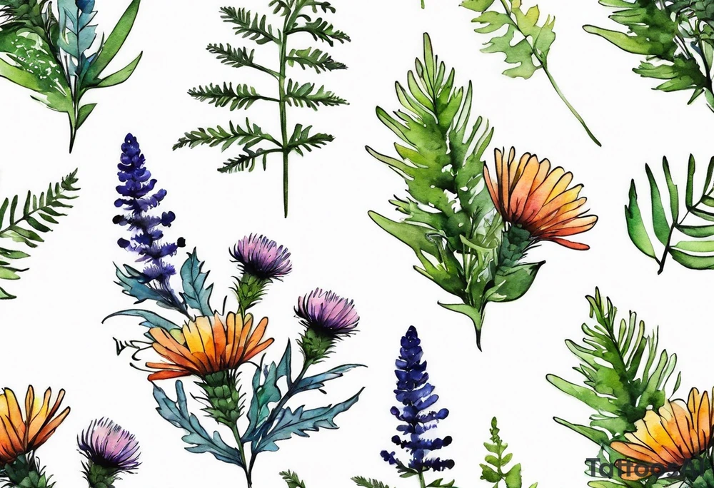small vertical mixed wildflower bouquet with ferns, thistle and with watercolor tattoo idea