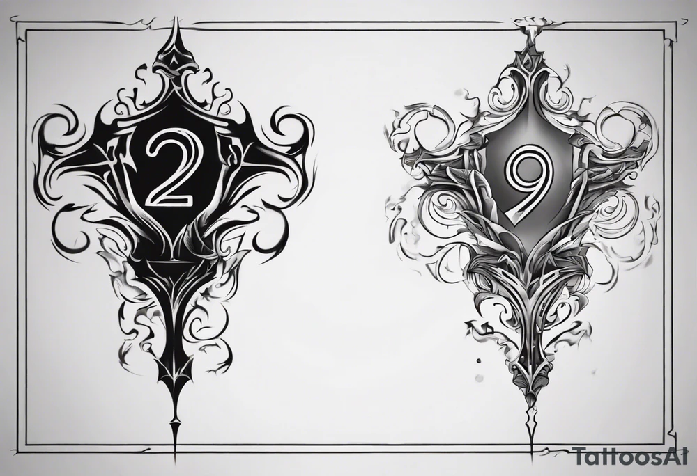 number 9 right side up and upside down connected tattoo black and grey on inside forearm 9:16 aspect ratio tattoo idea
