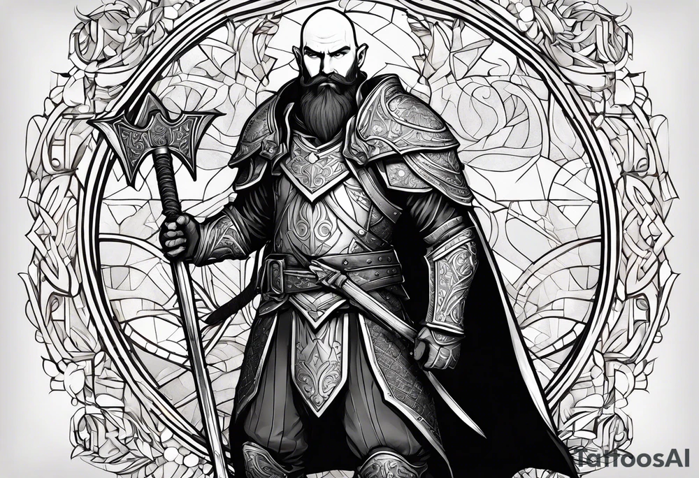 a full-body picture of a 30-year-old, human elf, bearded bald male, paladin, holding a battle axe, tattoo idea