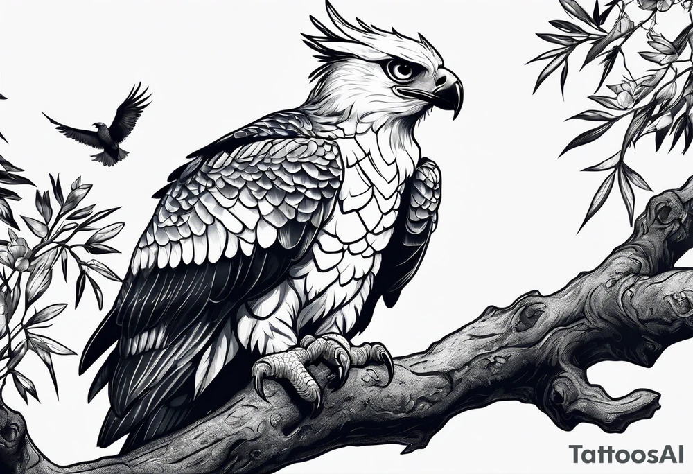 Harpy eagle perched on a branch tattoo idea