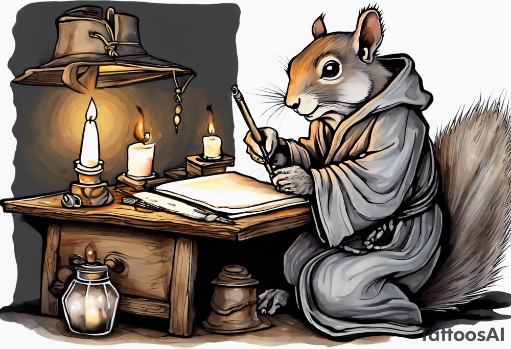 an elderly grey squirrel dressed in a monk robe wearing an eye patch sitting at a desk in the dark holding a quill writing by candlelight tattoo idea